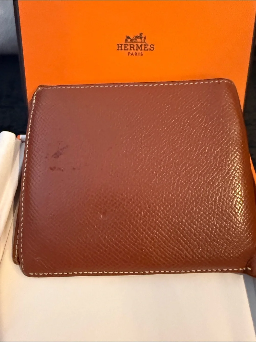 Hermes Men's Cognac Leather Bi-Fold Wallet